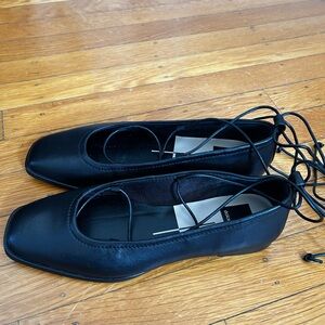 Black leather lace up ballet flats size 6.5. Genuine leather upper and lining